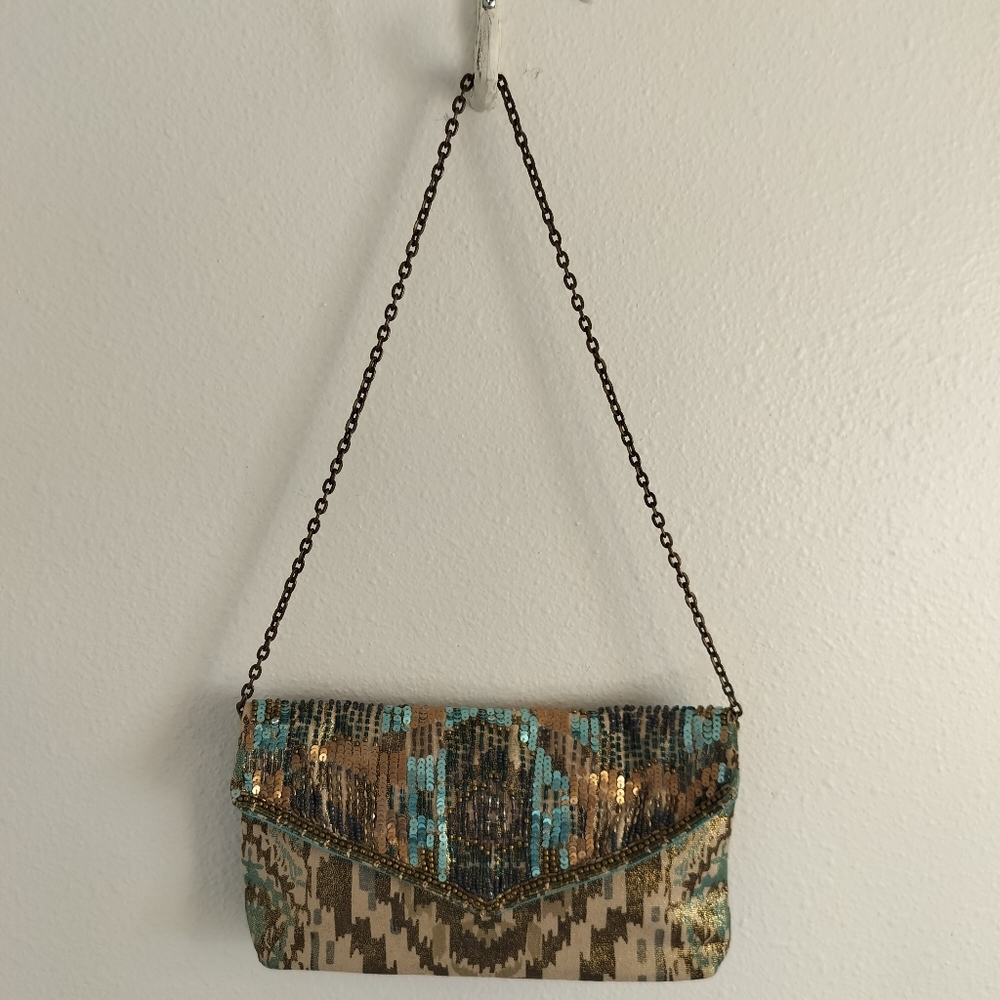 Sequin Beaded Envelope Clutch - Turquoise & Gold